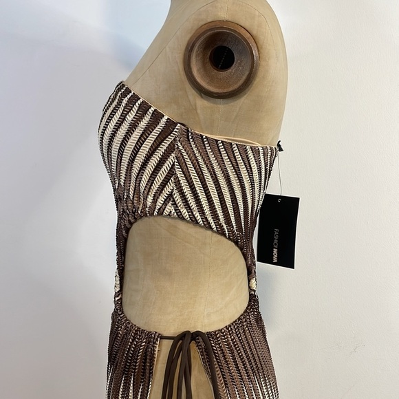 NWT Fashion Nova Dress X-Small Paradise Maxi Brown Cream Open Side High Slit - Picture 6 of 14